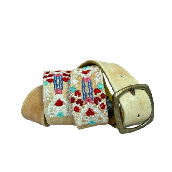 Free People Leather Belt Light Tan Colorful Embroidery Goat & Cow Leather S/M
